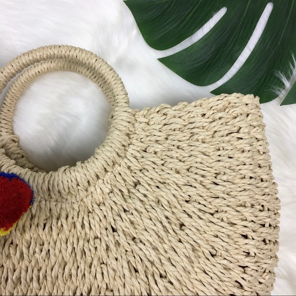 Straw Moon Shaped Pom Pom Beach Handbag Natural - Picture 3 of 6